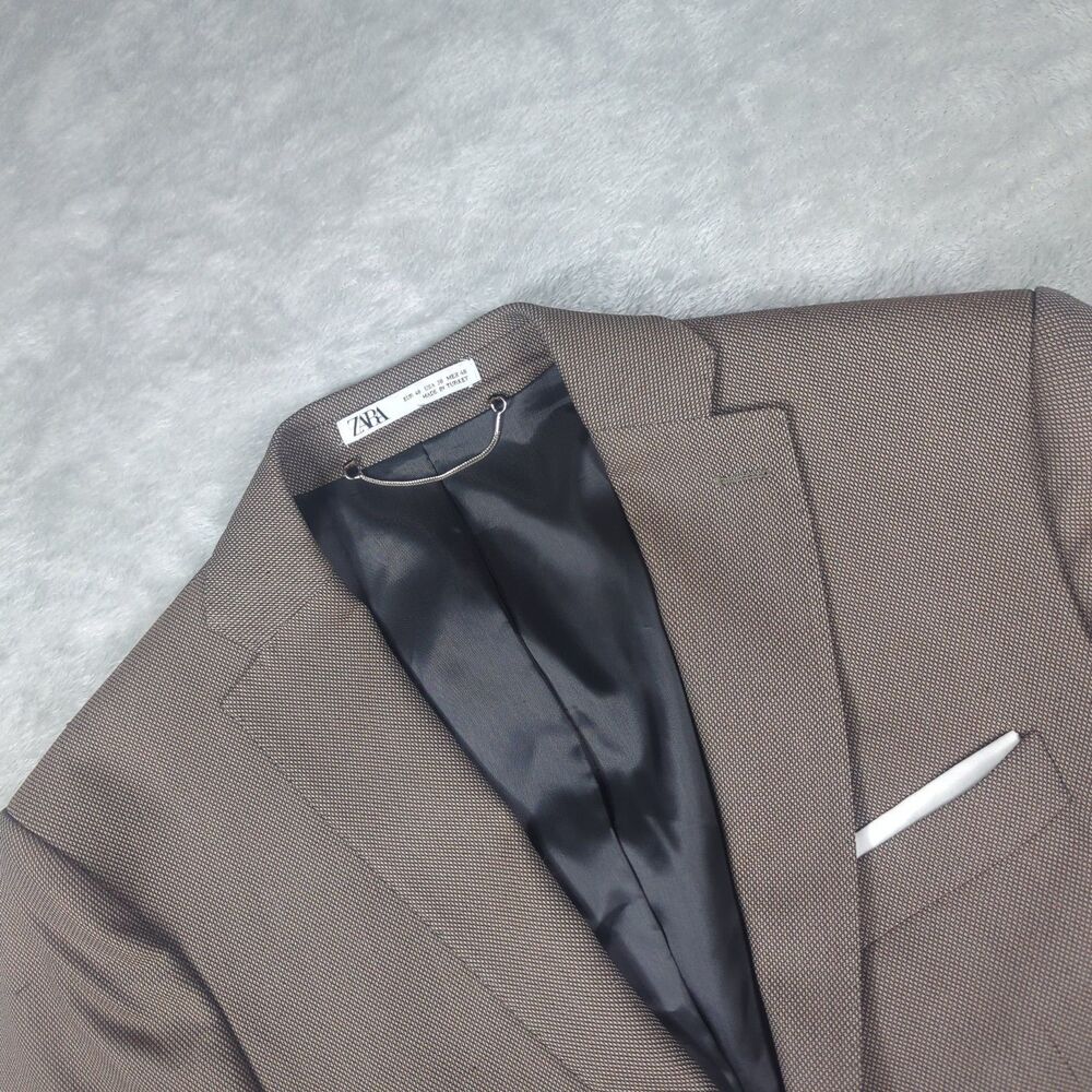 Zara Mens Full Suit Textured Brown Blazer 38R Pants 30 Business Casual
